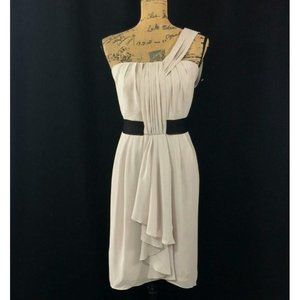 NEW 14 Large Dress MAX AND CLEO Fossil Gray 1 Shoulder Pleat Black Ribbon Party‎
